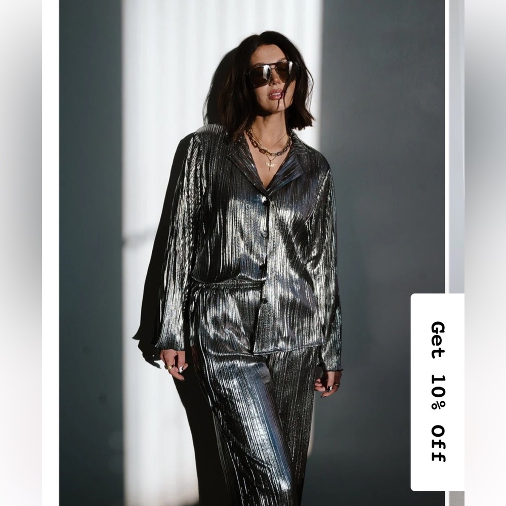 Dressed in LALA Metallic Silver Pleated Pajama Set
